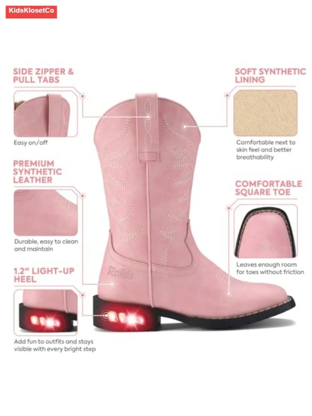 Light Up Western Cowboy Boots with Side Zipper for Kids